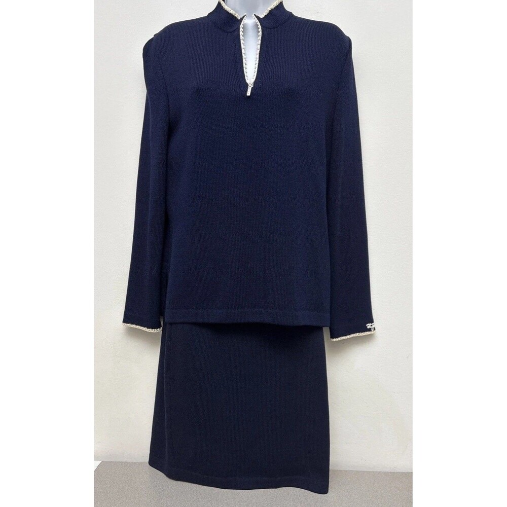 St John Sport 2 Piece Knit Skirt Set, Navy‎ Blue, 1/4 Zip, Long Sleeve, Small/6